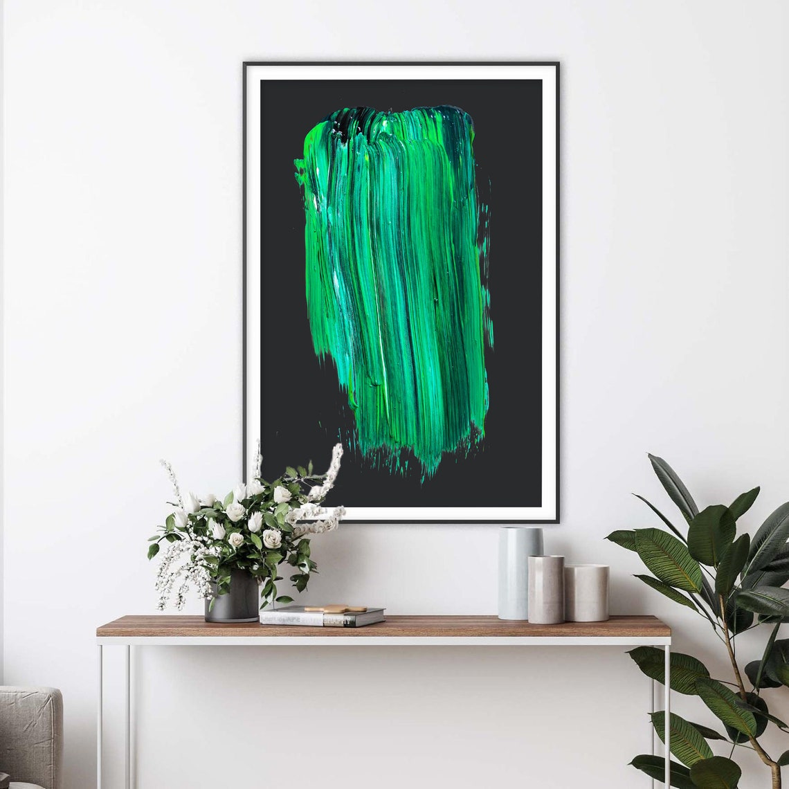 Emerald Green Paint Stroke Brushstroke Abstract Art on Black Poster - Image 2