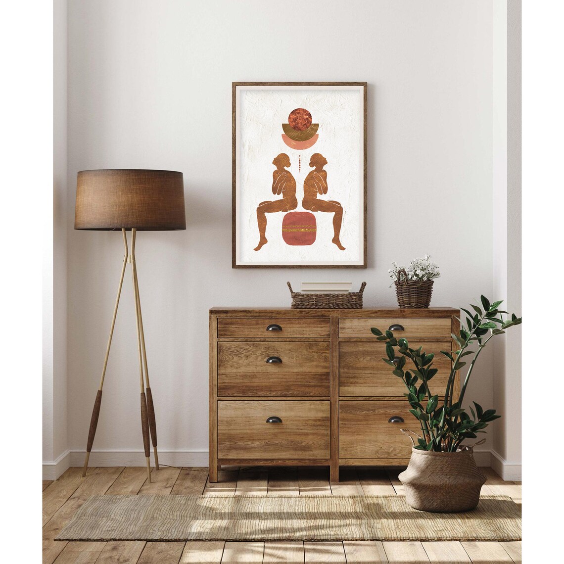 Mirrored Terracotta Seated Women Geometric Sun Poster for Modern Home Decor - Image 2