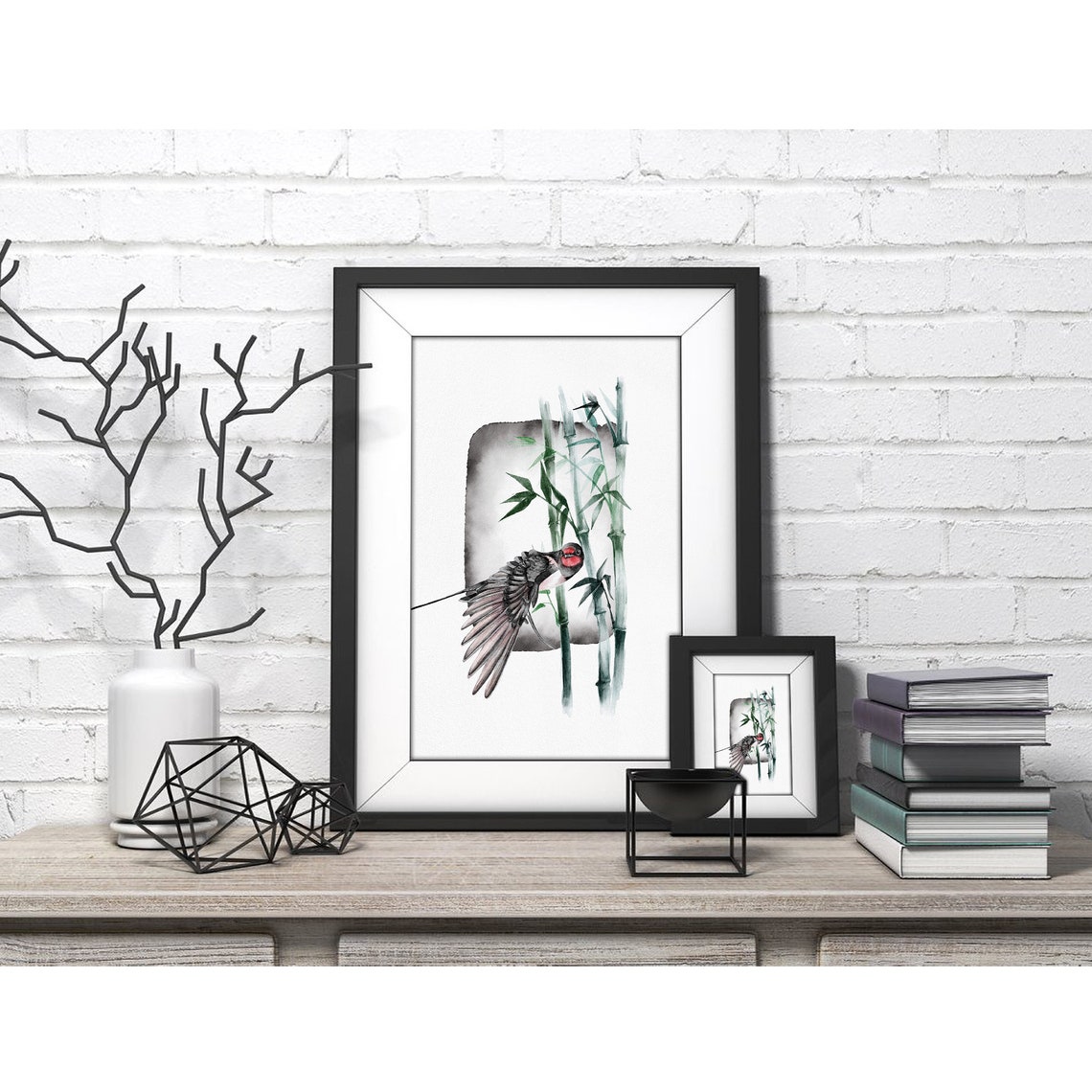 Swallow Diving Through Green Bamboo Japanese Watercolor Poster - Image 4