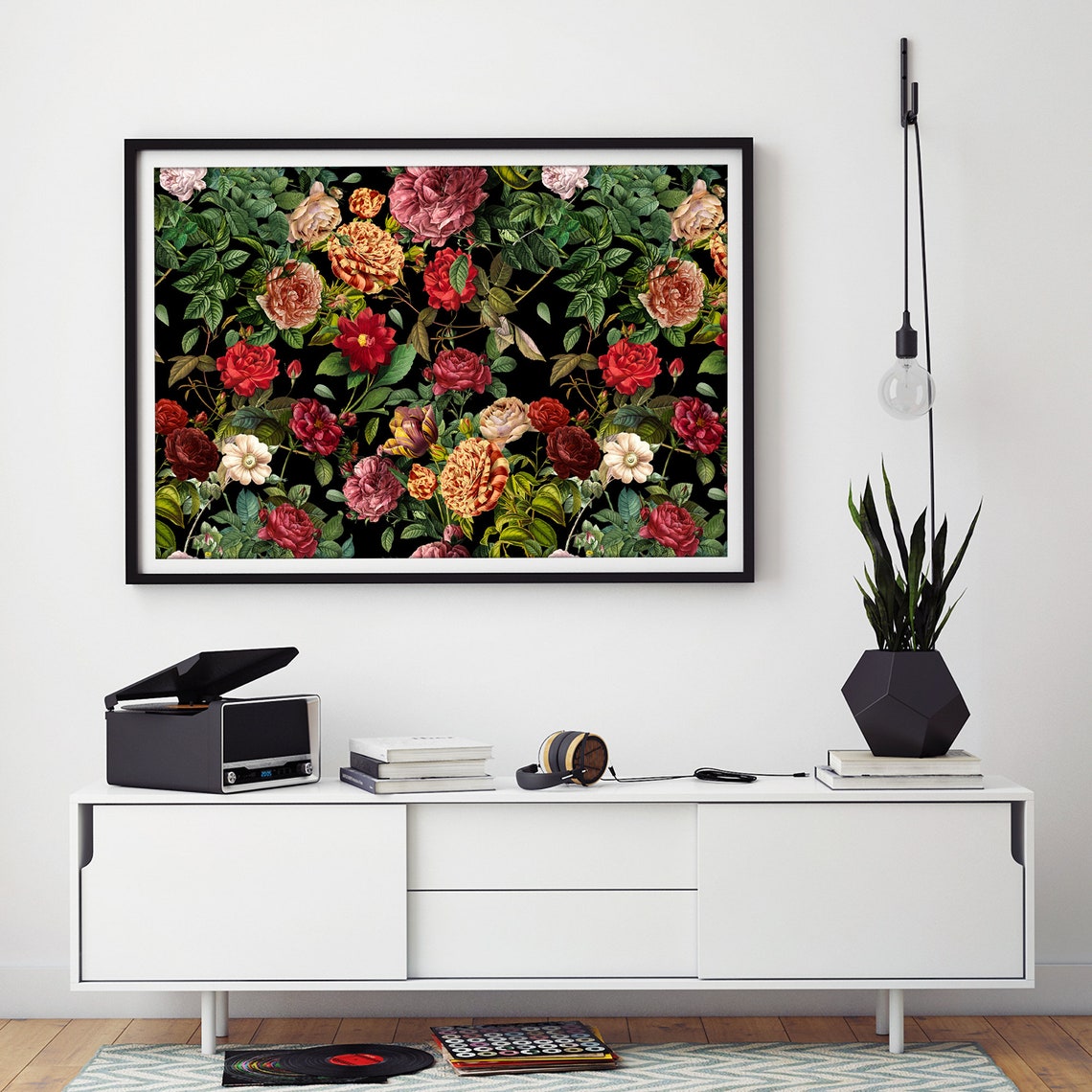 Vintage Deep Red and Crimson Roses on Black Botanical Art Poster - Image 2