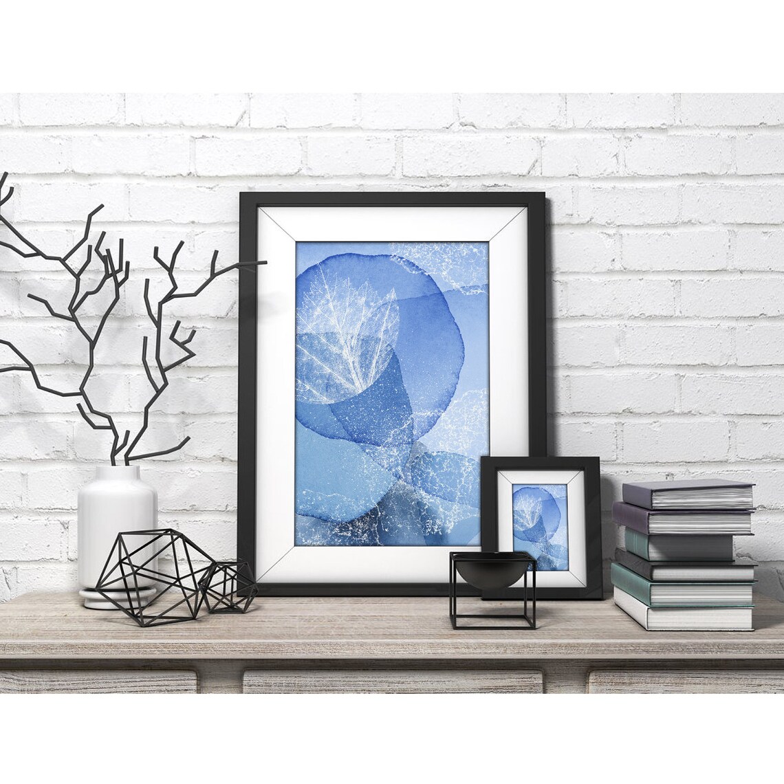 Blue Watercolor Circles with White Leaf Skeleton Detail Poster for Modern Home Decor - Image 4