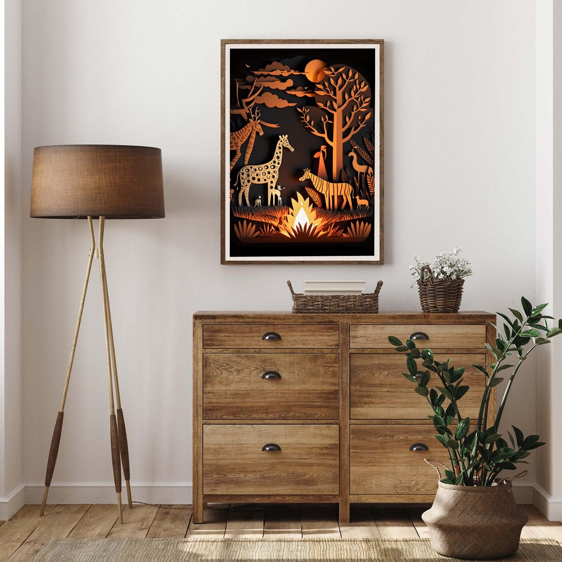 Giraffe Safari Golden Sunset Glowing Paper Cut Nursery Poster - Image 3