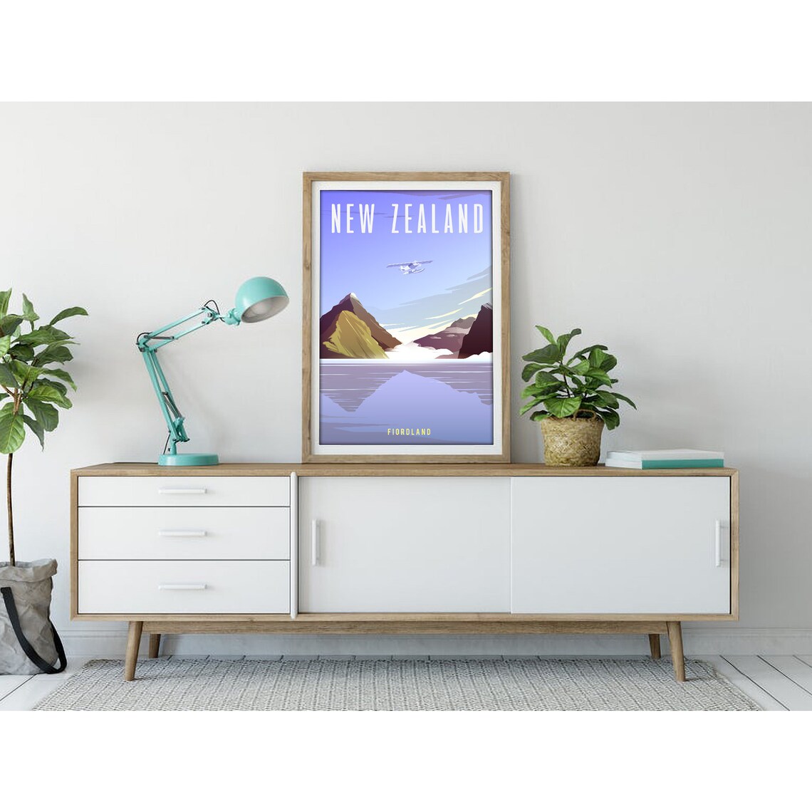 New Zealand Fiordland Mountain Lake Seaplane Vintage Travel Poster - Image 3