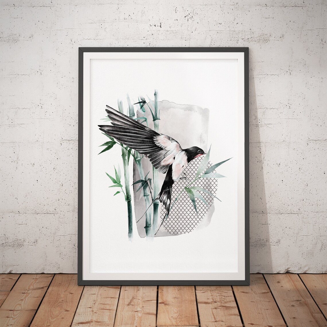 Flying Swallow Among Bamboo Stalks Japanese Watercolor Poster