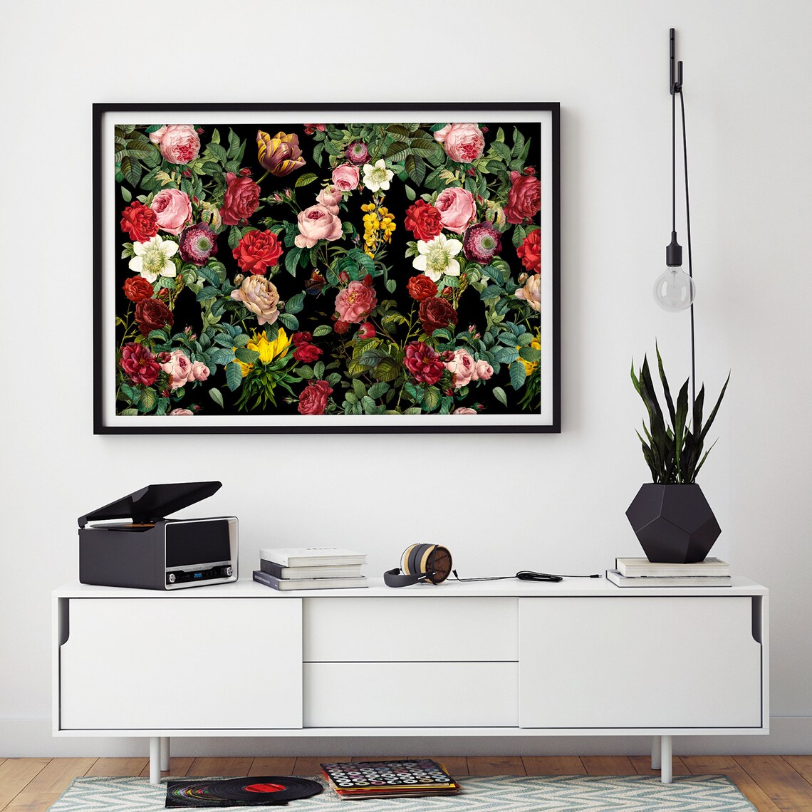 Vintage Mixed Rose and Tulip Bouquet on Black Floral Art Poster - Image 2