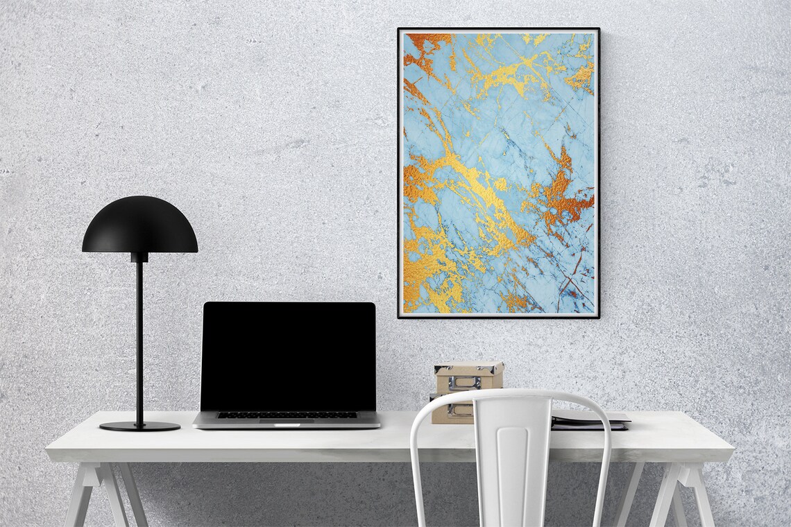 Sky Blue Gold Foil Veins Marble Abstract Contemporary Art Poster - Image 3