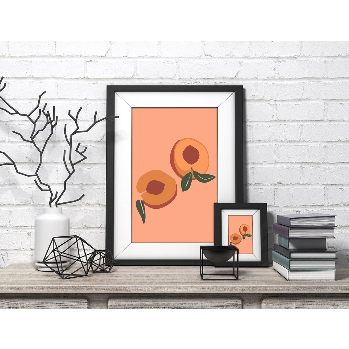 Two Sliced Apricots with Green Leaves on Peach Fruit Art Poster - Image 4