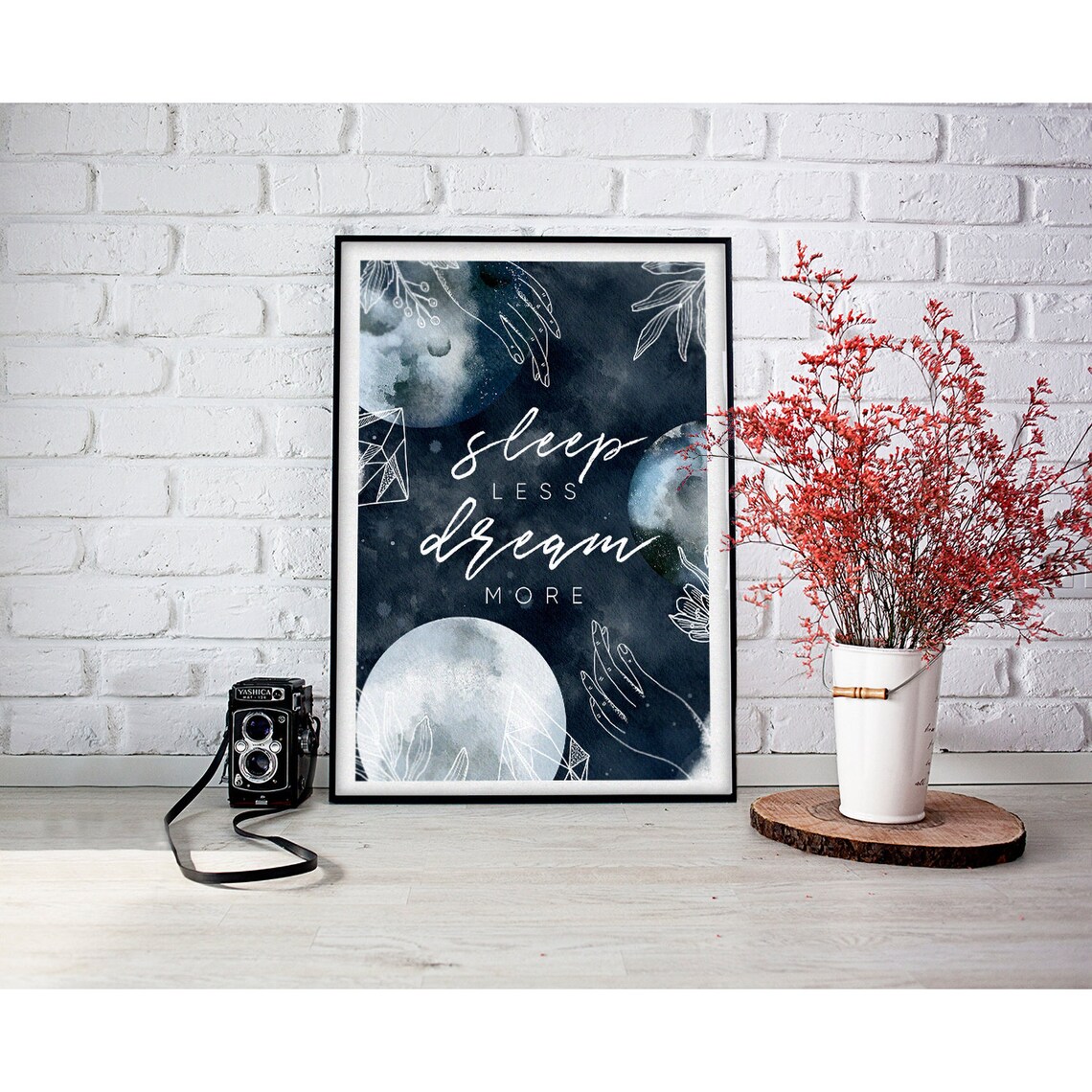 Sleep Less Dream More Celestial Watercolor Moon Quote Wall Art - Image 2