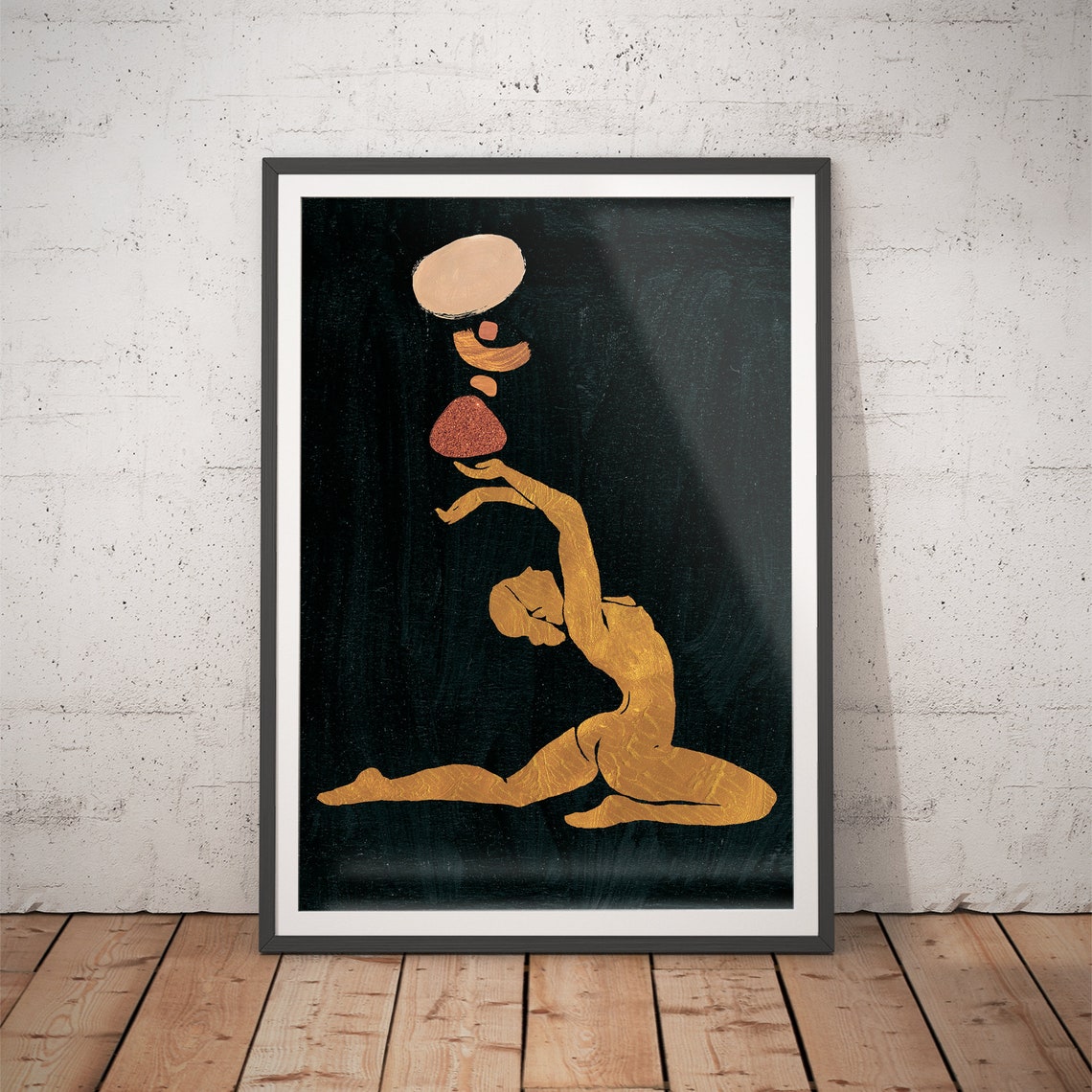 Golden Dancer Balancing Stones Deep Green Poster for Modern Home Decor