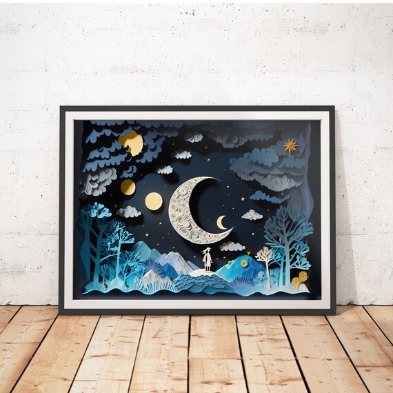 Girl Moon Paper Cut Art Print, Kids Room Decor