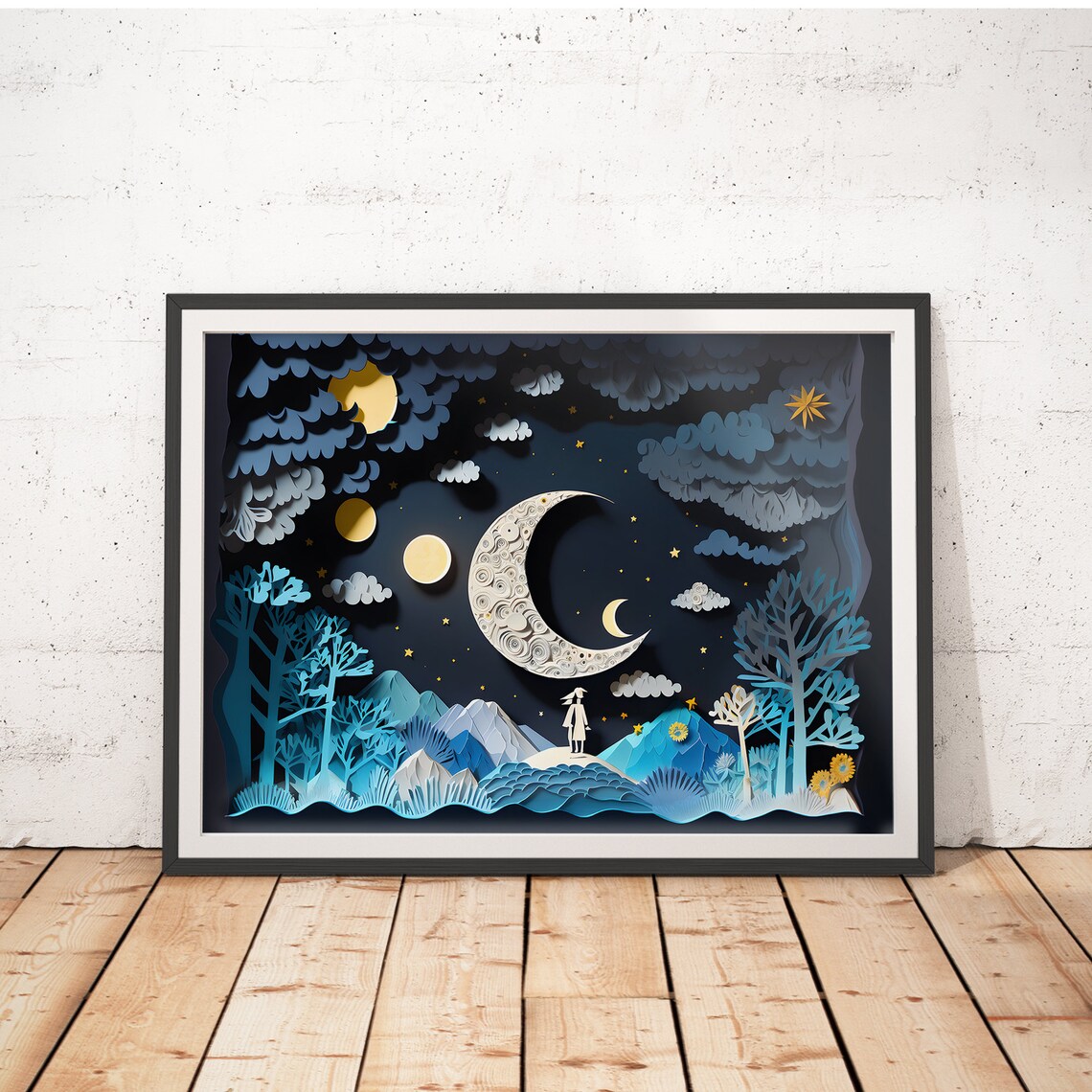 Girl Moon Paper Cut Art Print, Kids Room Decor