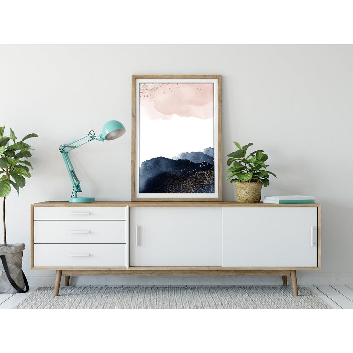 Blush Sky Over Navy Mountains Gold Specks Minimal Art Poster - Image 3