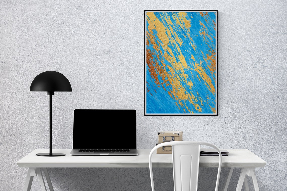 Bright Turquoise Blue Gold Brushstroke Bold Abstract Art Poster - Image 3