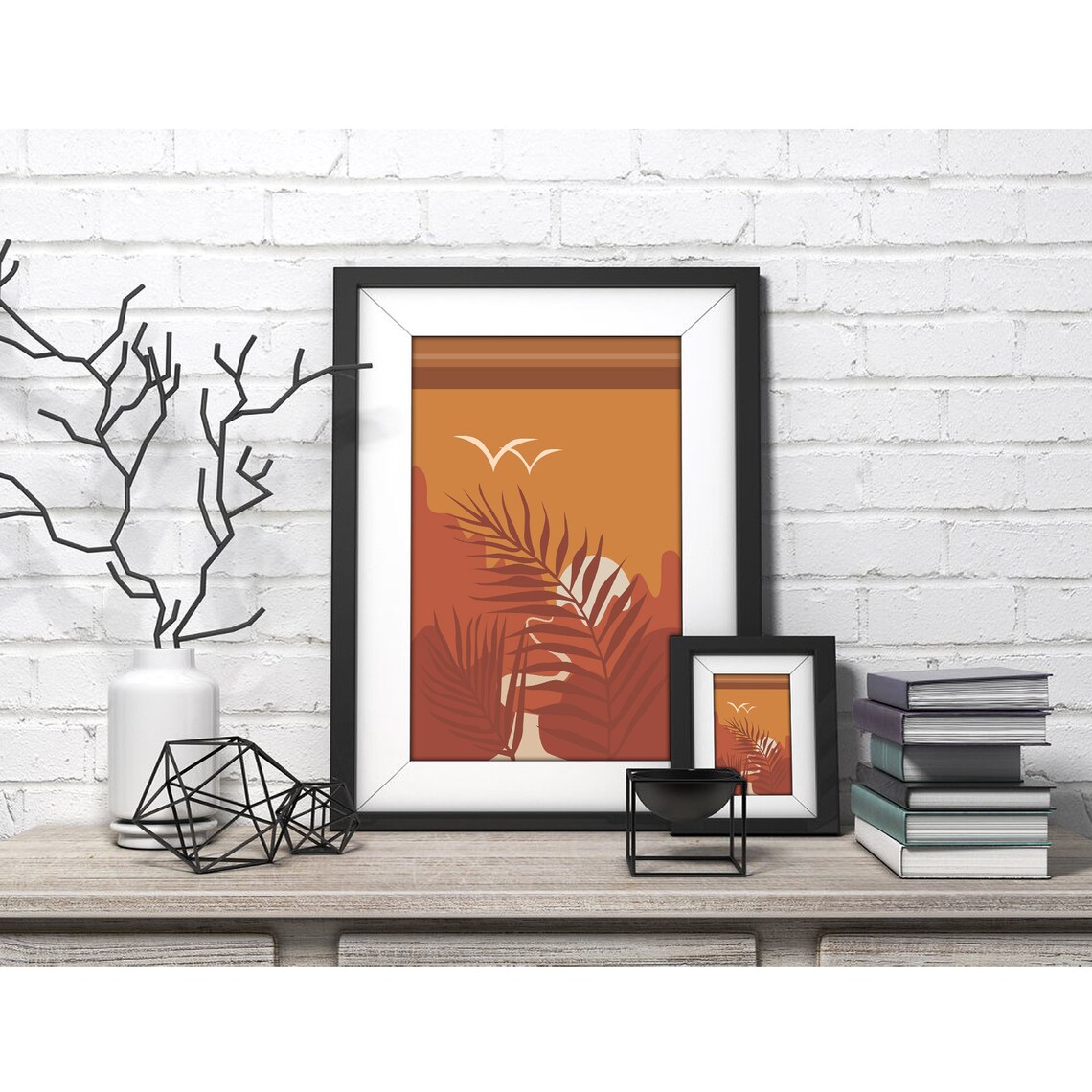 Tropical Sunset with Palm Leaves and Birds Orange Art Poster - Image 4