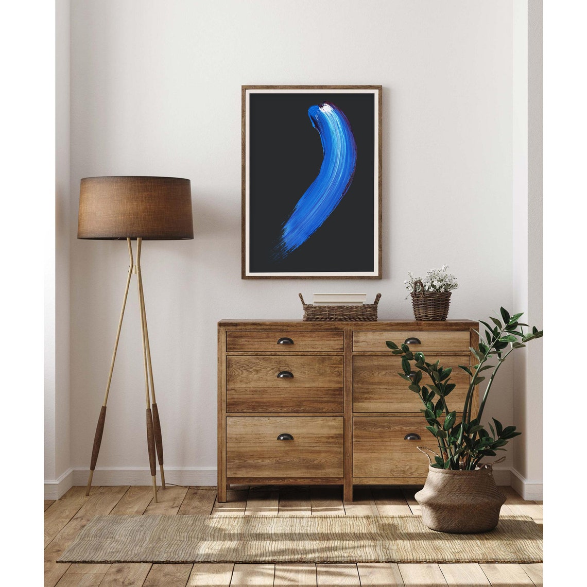 Cobalt Blue Curved Paint Stroke Brushstroke Art on Black Poster - Image 2