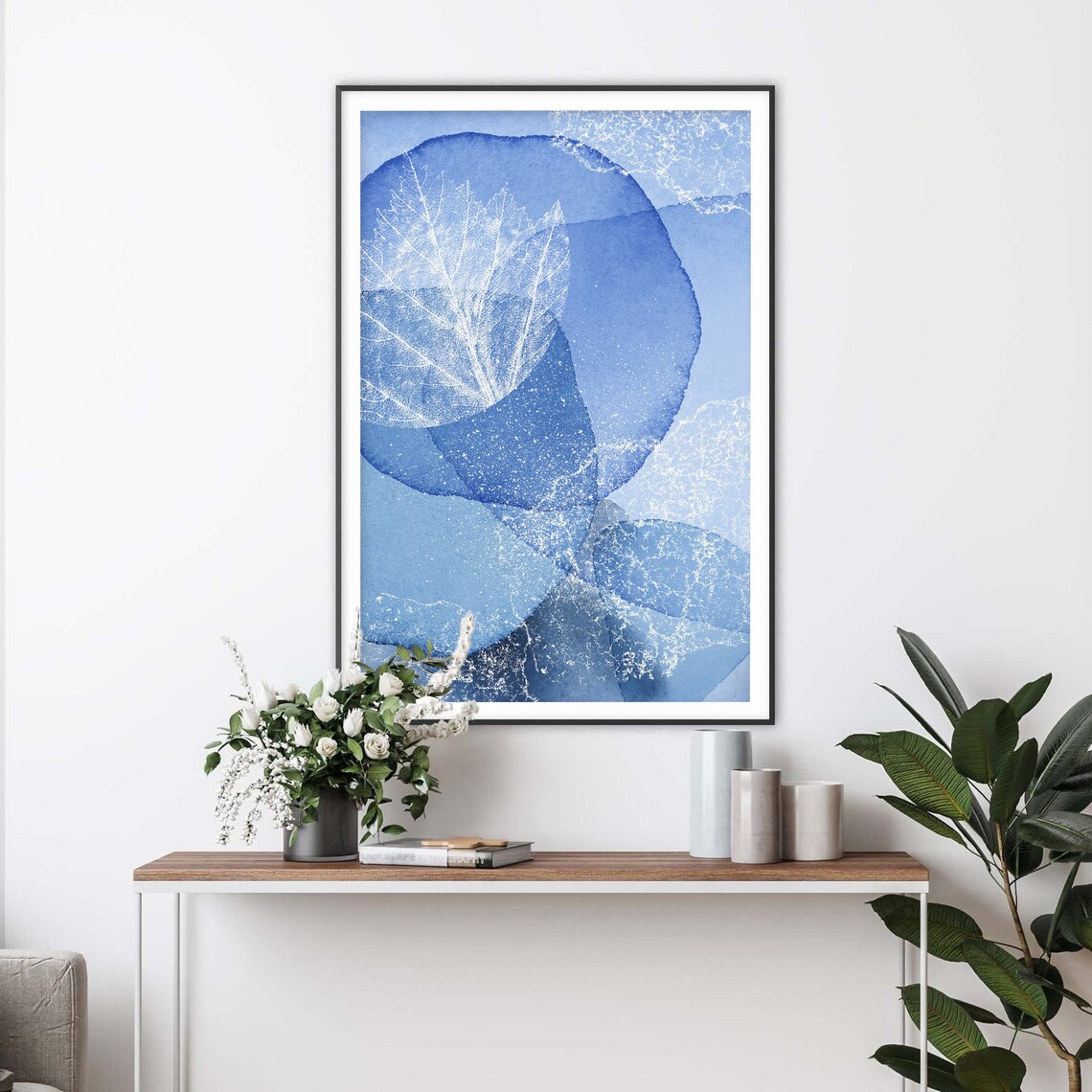 Blue Watercolor Circles with White Leaf Skeleton Detail Poster for Modern Home Decor - Image 2