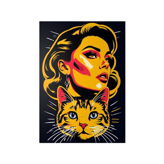 Retro Pop Art Woman With Orange Tabby Cat Bold Portrait Poster