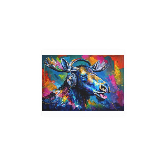 Playful Moose Wearing Headphones in Colorful Oil Painting Poster