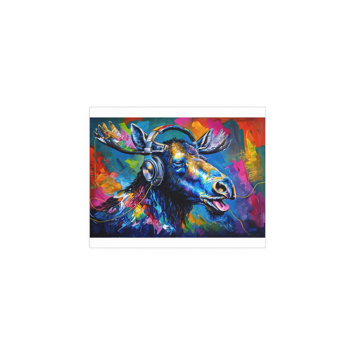 Playful Moose Wearing Headphones in Colorful Oil Painting Poster