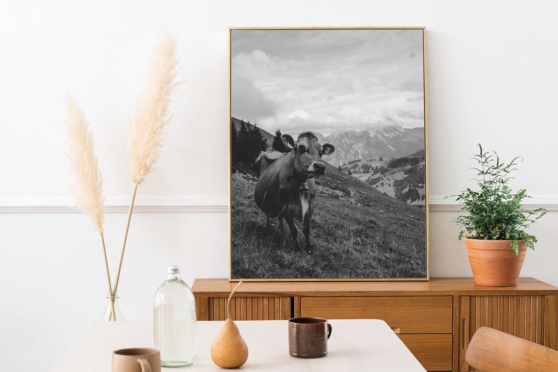 Switzerland Swiss Alps Cow Instant Black White Photography Wall Art Travel Poster Switzerland Art Print Animal - Image 3
