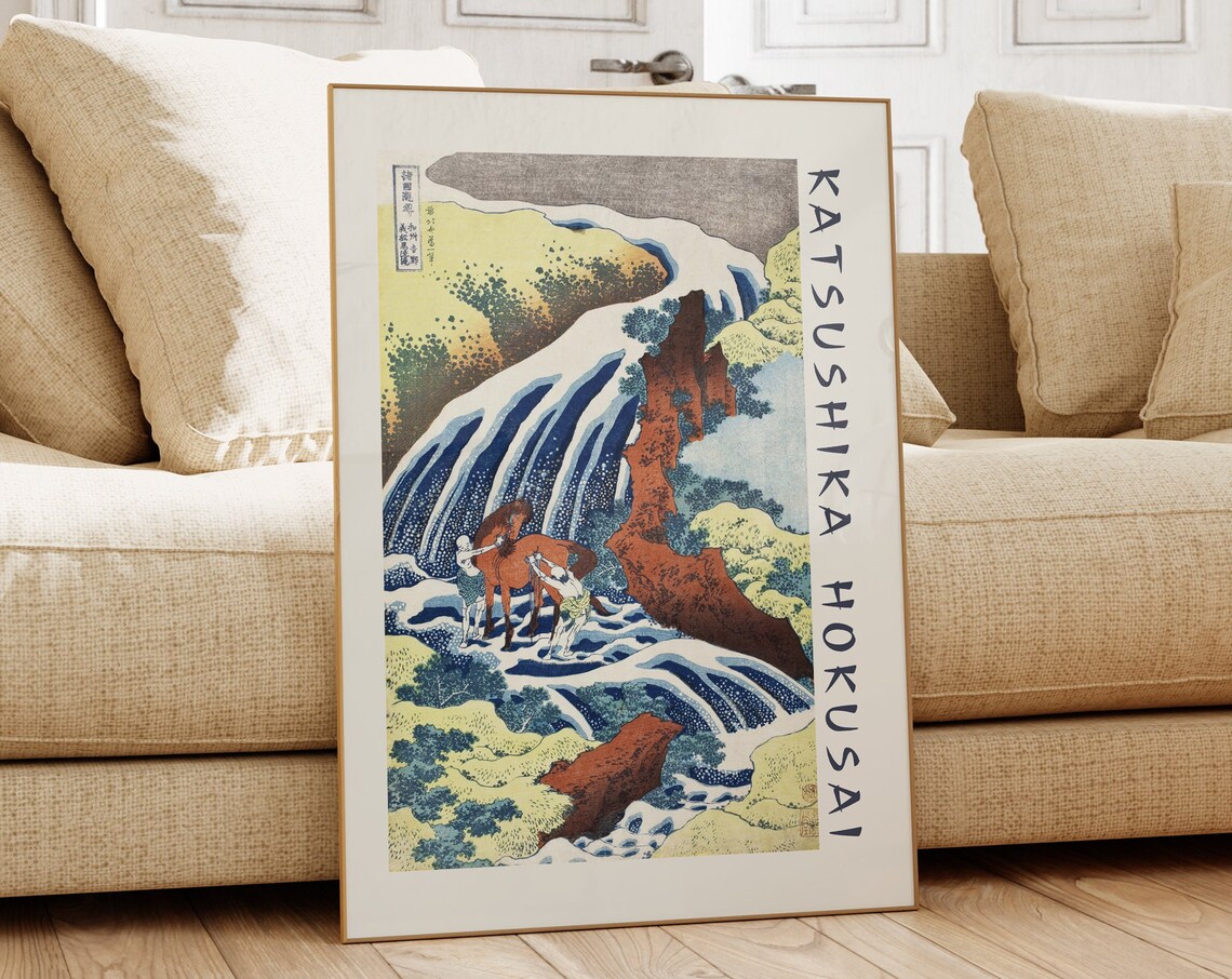 Katsushika Hokusai Waterfall Horse Washing Woodblock Art Poster