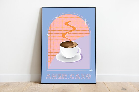 Americano Coffee Cup Pastel Blue Retro Kitchen Cafe Decor Poster
