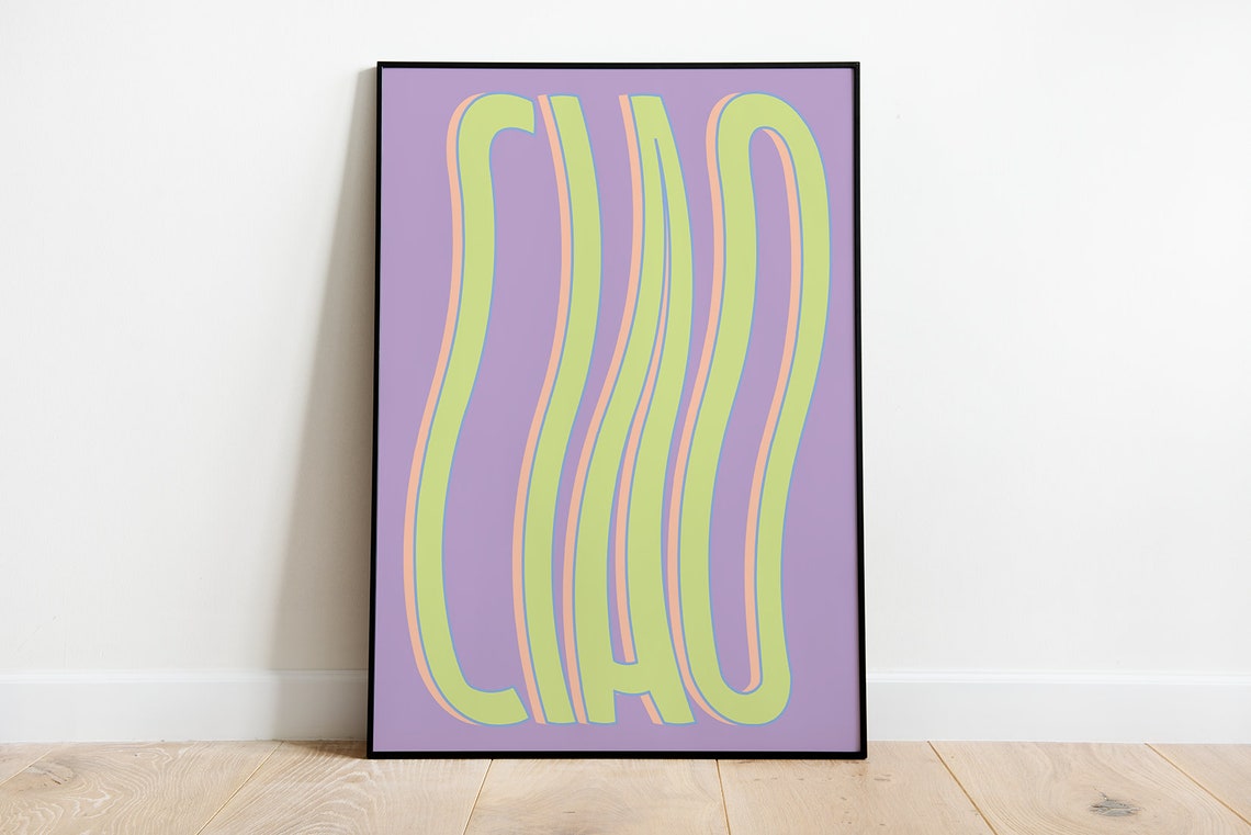 Ciao Wavy Retro Fun Typography Green On Purple Word Art Poster