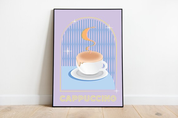 Cappuccino Coffee Cup Pastel Lilac Retro Cafe Kitchen Decor Poster