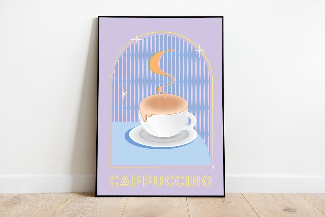 Cappuccino Coffee Cup Pastel Lilac Retro Cafe Kitchen Decor Poster
