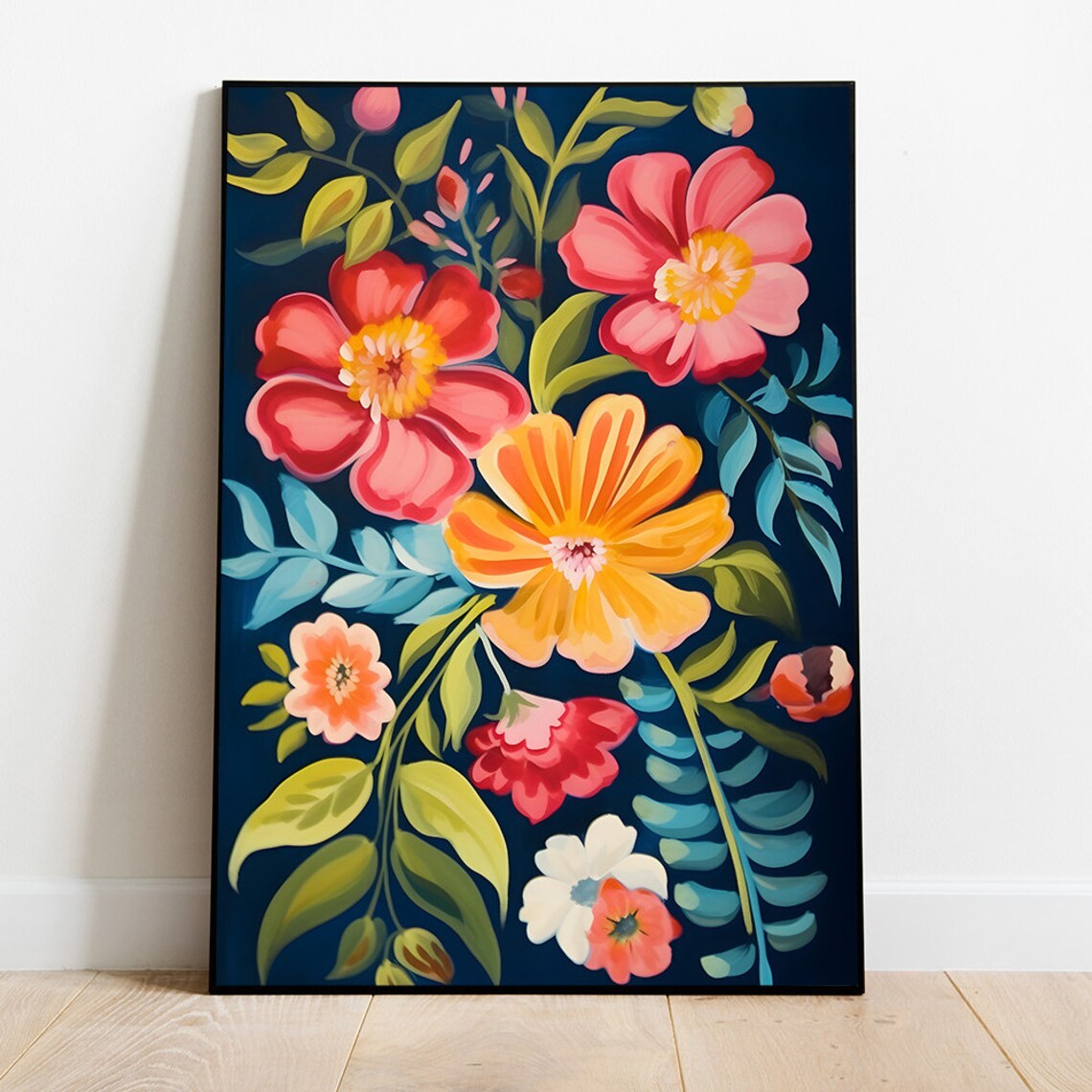Jewel Toned Coral Flowers on Dark Navy Floral Botanical Painting Poster