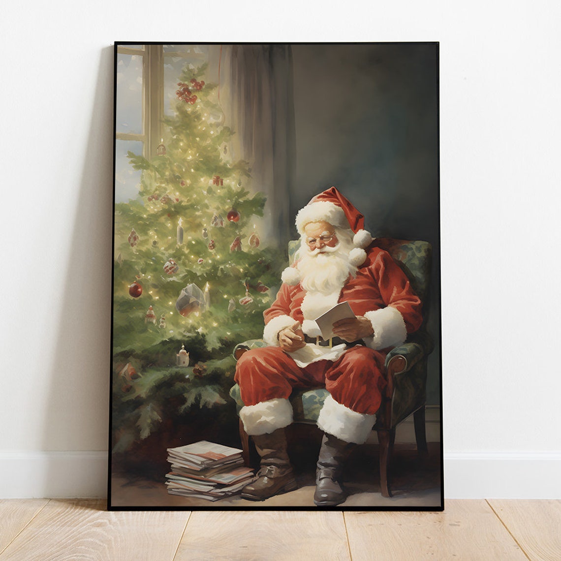 Santa Claus Reading Mail In Armchair By Christmas Tree Poster