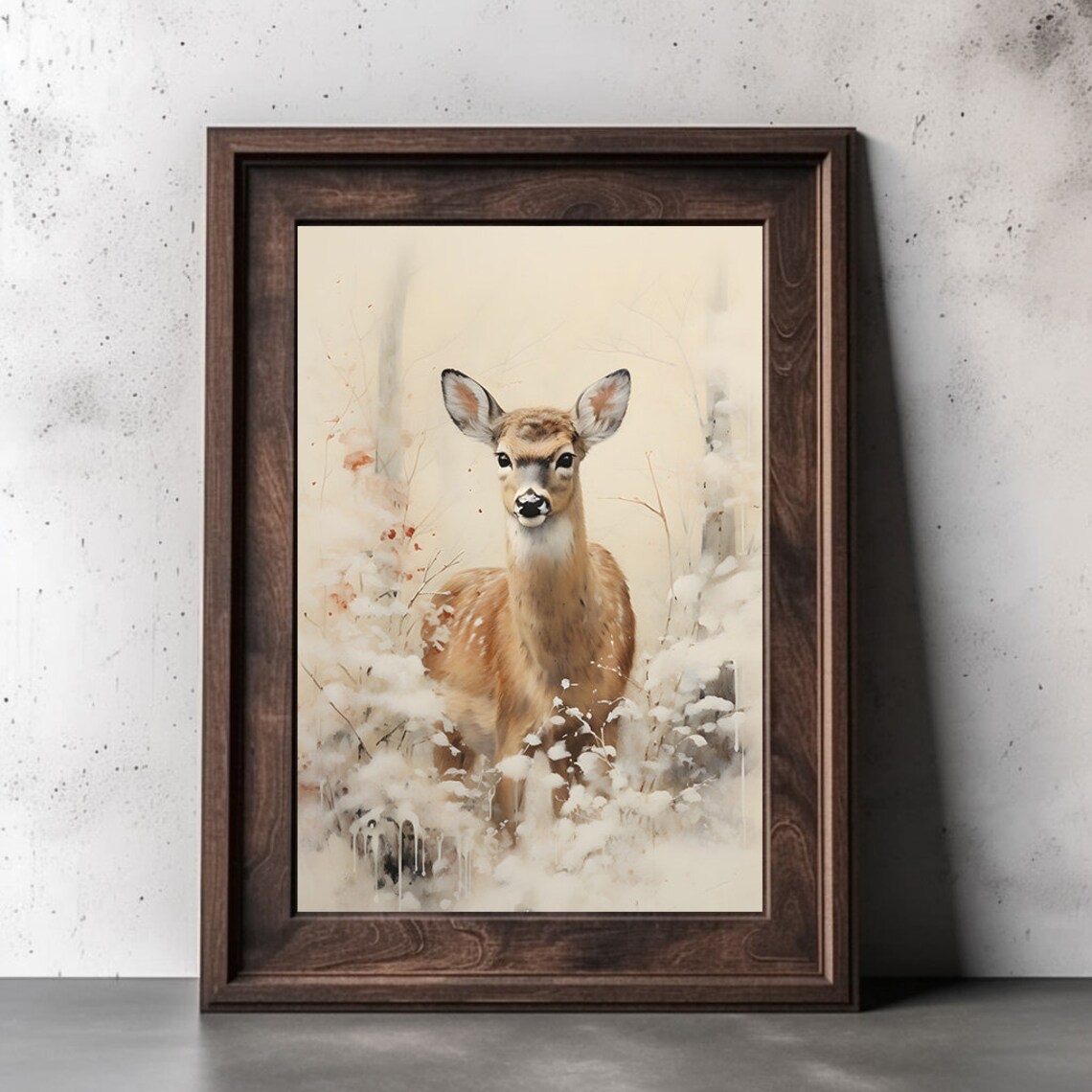 Young Deer Standing In Soft Snowy Woodland Watercolor Poster - Image 3