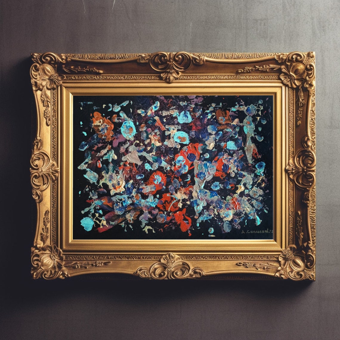 Moody Abstract Turquoise and Red Paint Splashes on Black Canvas Poster - Image 3