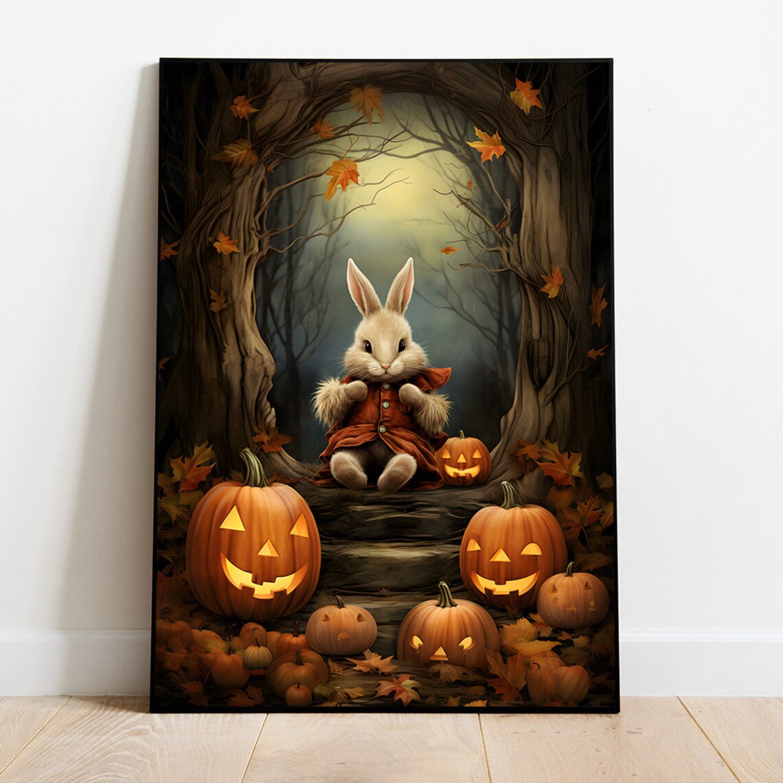 Halloween Bunny Painting, Cute Rabbit Pumpkin Art Print