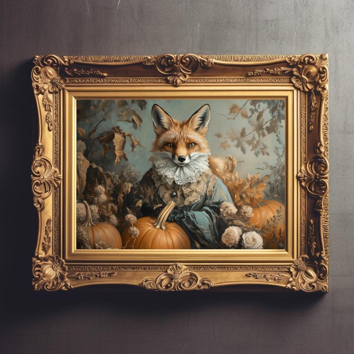 Victorian Fox In Lace Ruff Dress Pumpkins Autumn Whimsical Art Poster - Image 3