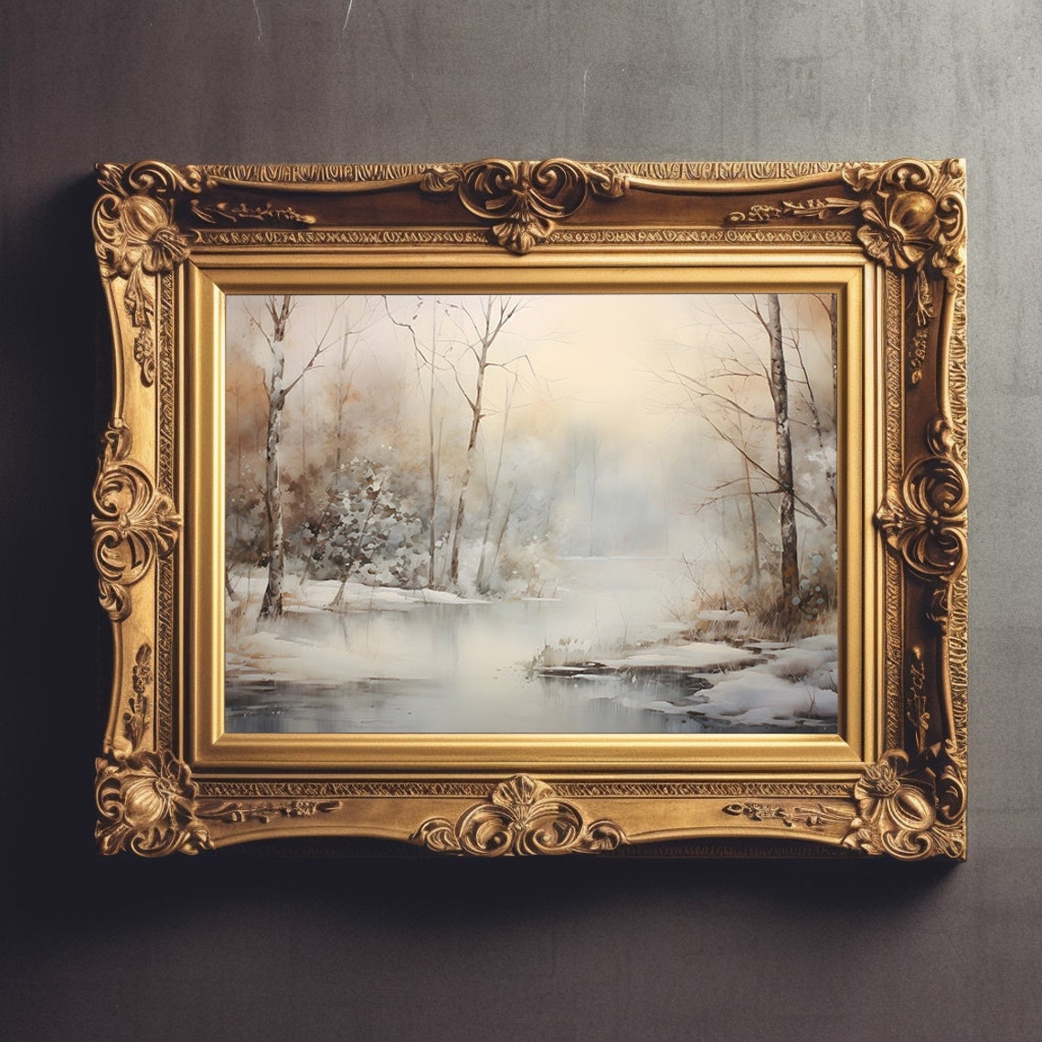 Misty Winter Birch Forest Lakeside Watercolor Scene Wall Art - Image 3