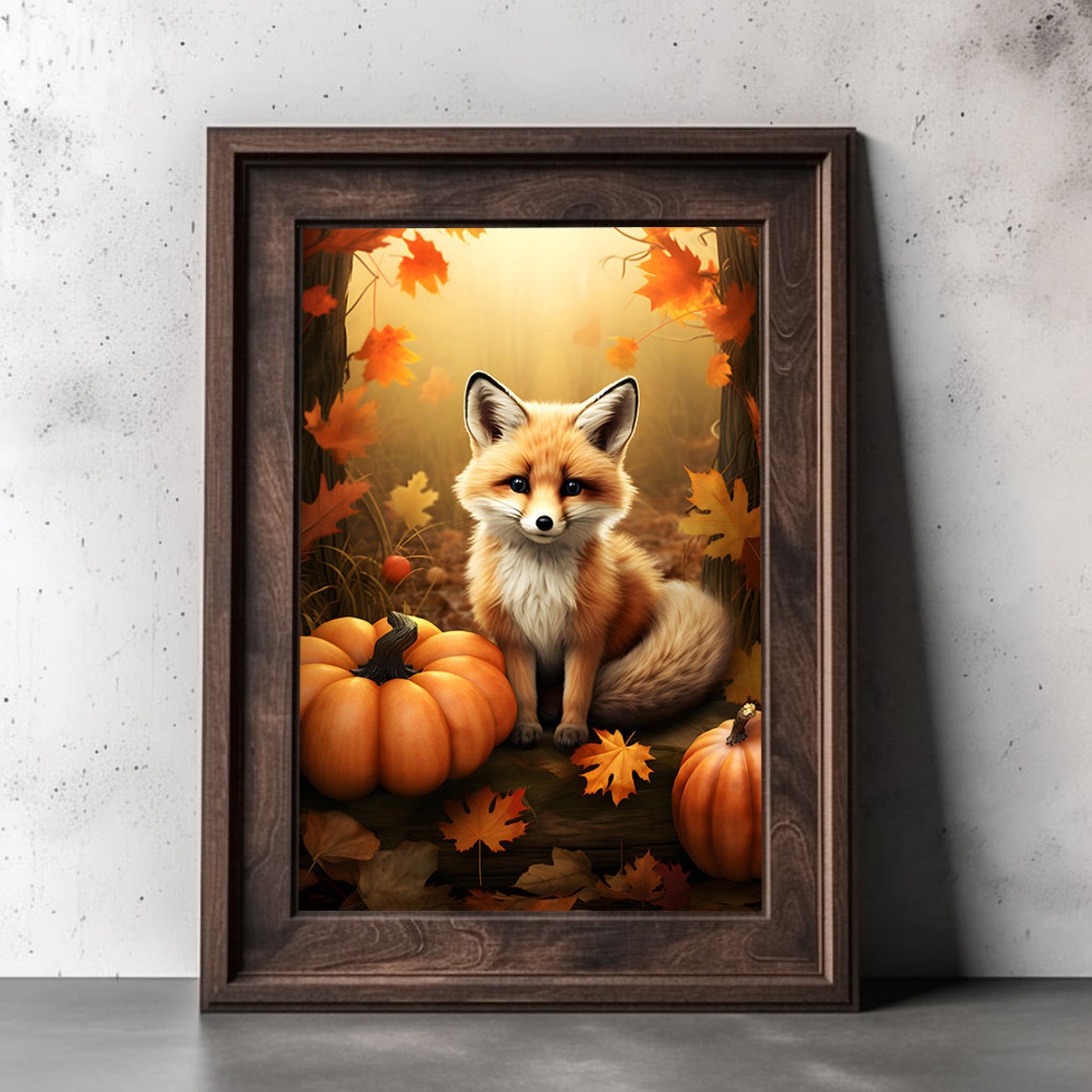 Cute Baby Fox Sitting With Pumpkins In A Golden Autumn Forest Poster - Image 2