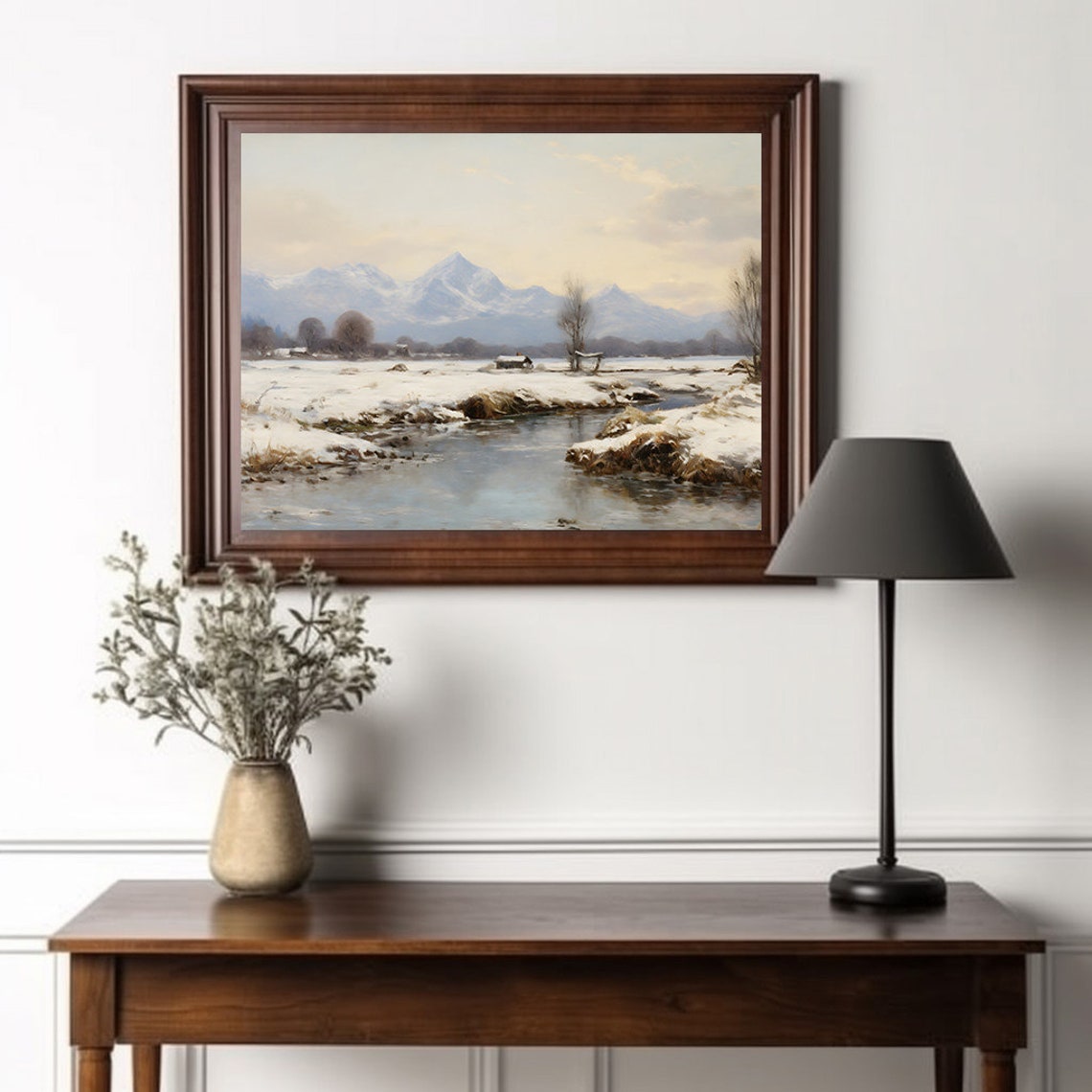 Alpine Snow Mountain River Valley Peaceful Winter Landscape Poster - Image 2