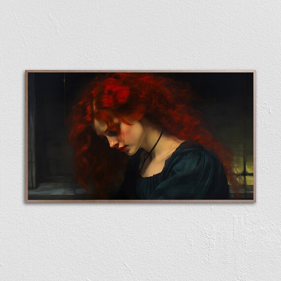 Red Haired Woman Dark Dress Moody Victorian Oil Painting Poster
