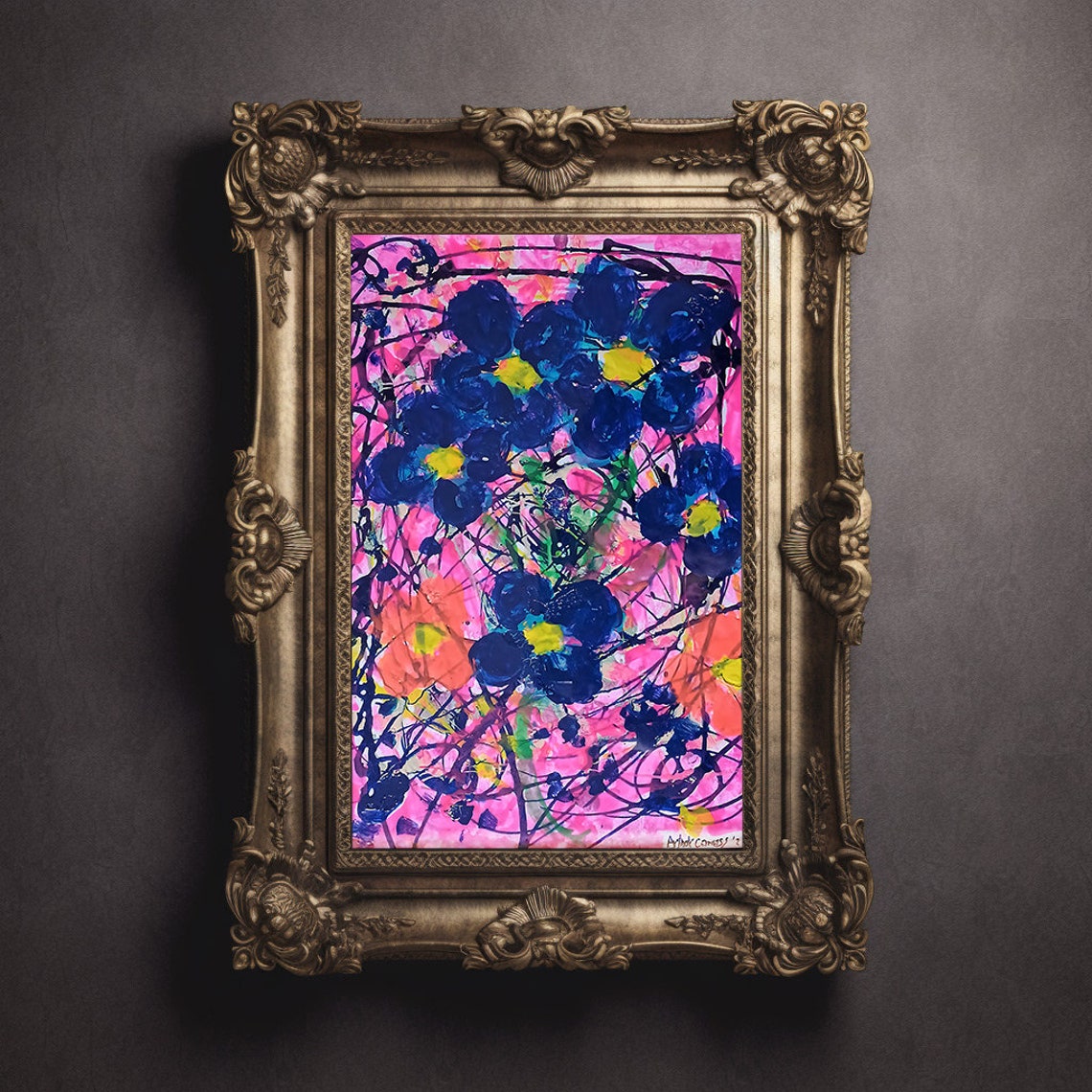 Vibrant Pink Floral Abstract Painting Cobalt Blue Flowers Poster - Image 3