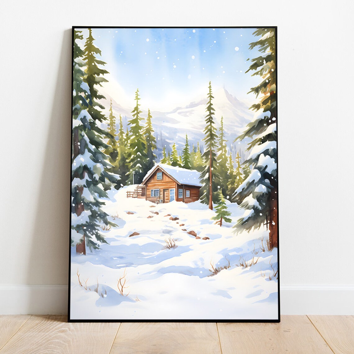 Cozy Cabin In Snowy Mountains Watercolor Winter Painting Poster