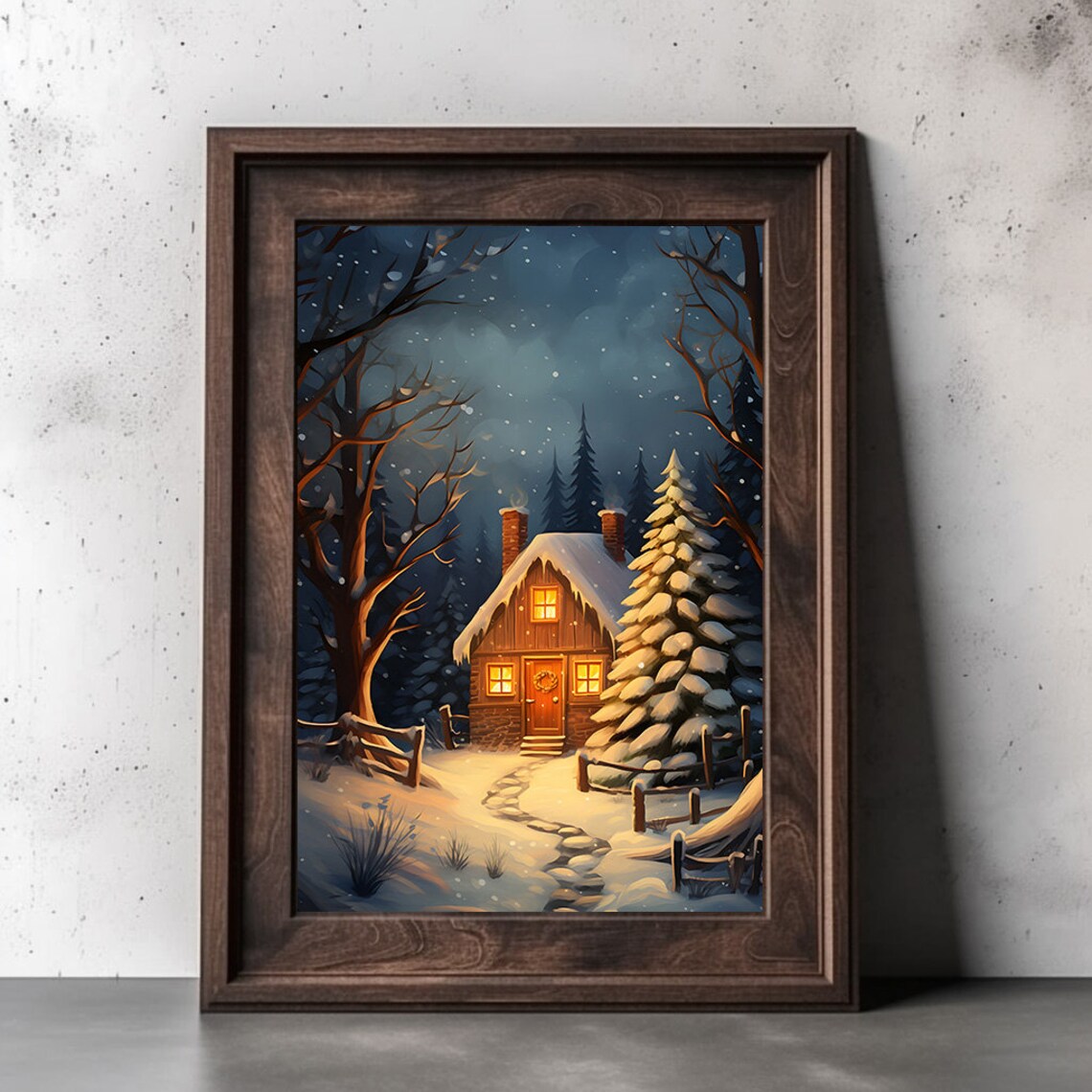Glowing Wooden Cabin At Night In A Snowy Starlit Forest Poster - Image 3