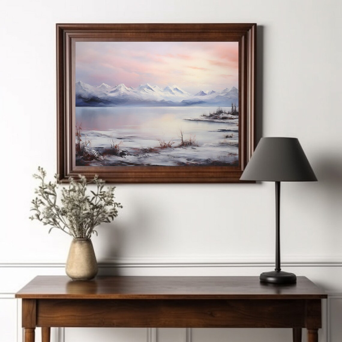 Pink Sunrise Over Snowy Mountains And A Calm Lake Landscape Poster - Image 2