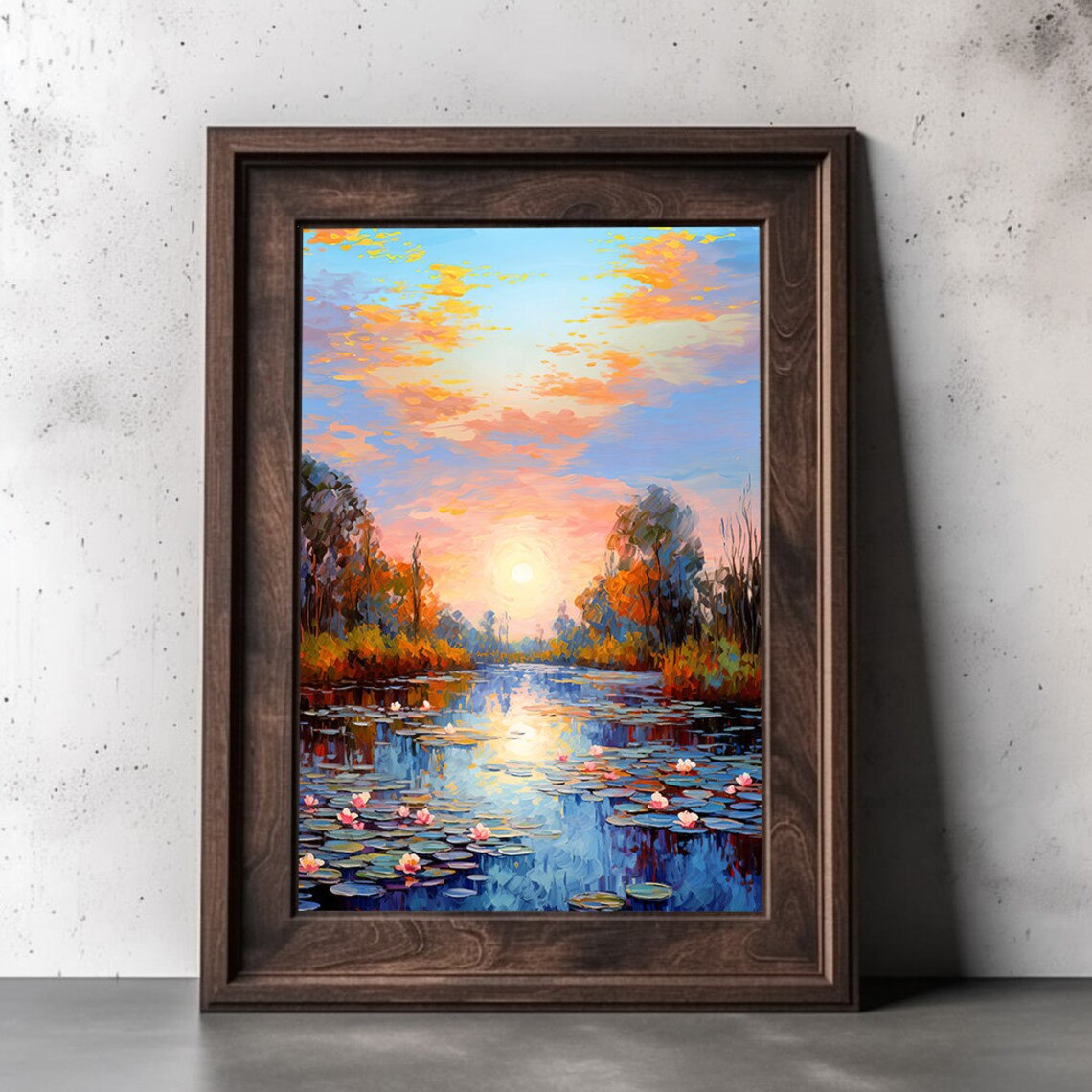 Sunset Over Lily Pond Impressionist Oil Painting with Pink Water Lilies Poster - Image 3