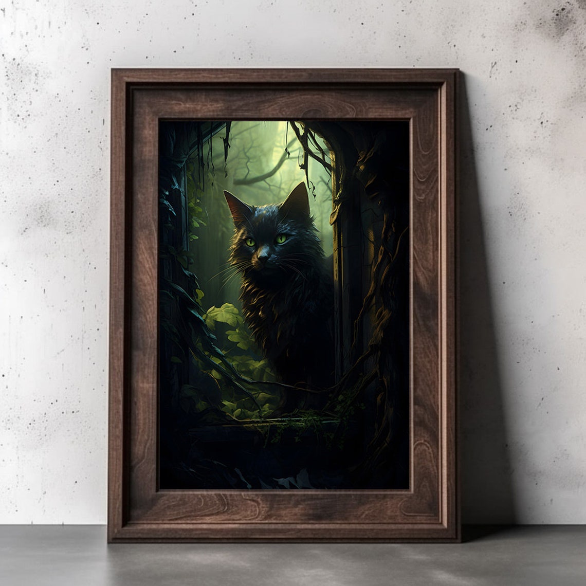 Witchy Black Cat Green Eyes Dark Overgrown Doorway Halloween Print - Image 2
