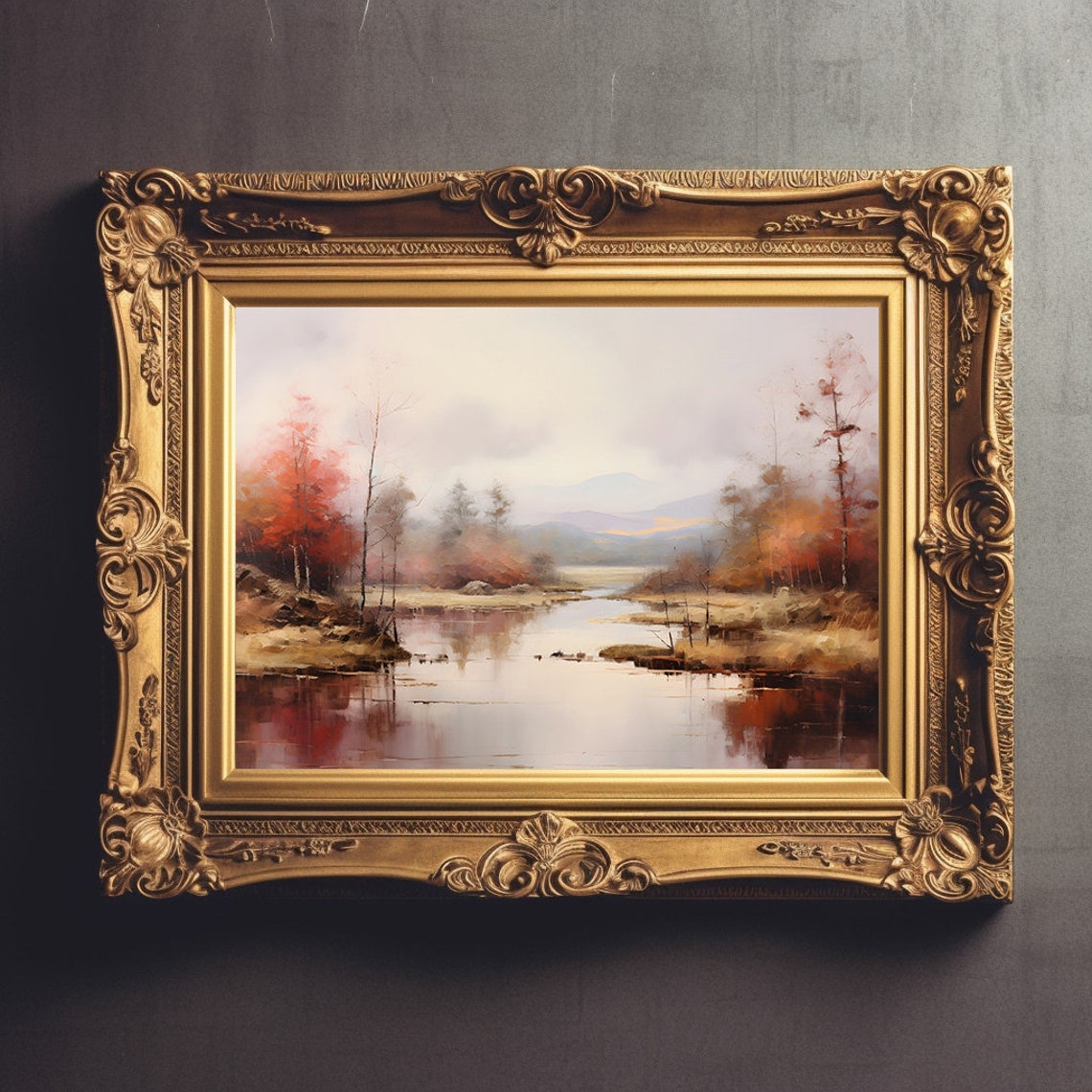 Autumn Lake With Red Trees Warm Fall Landscape Painting Poster - Image 2