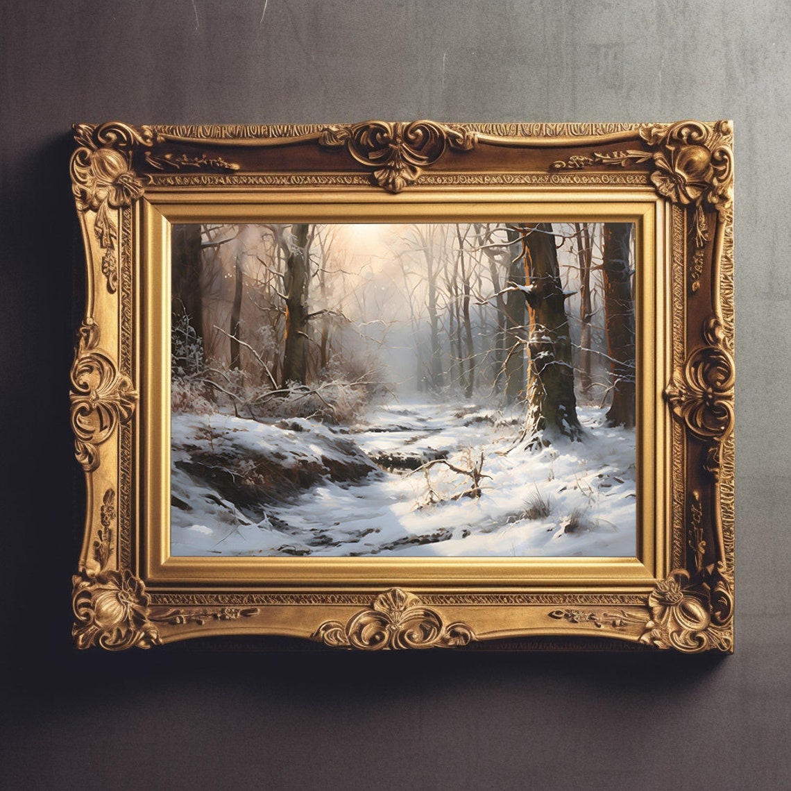 Sunlit Snowy Woodland Path Winding Between Tall Winter Trees Poster - Image 3