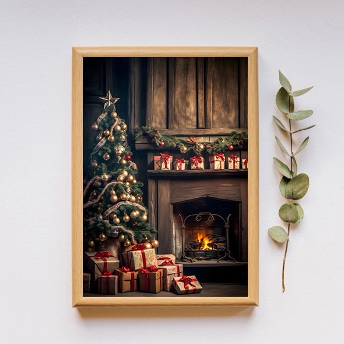 Rustic Gold Christmas Tree Beside A Warm Lit Fireplace Poster - Image 2