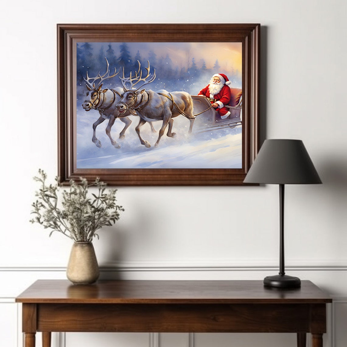Santa In Reindeer Sleigh Racing Through Winter Sunset Poster - Image 2