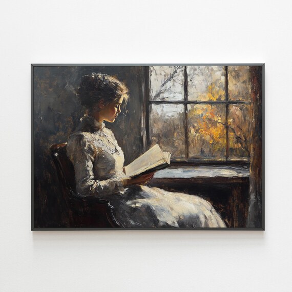 Vintage Woman Reading by Window Victorian Dress Moody Oil Painting Poster